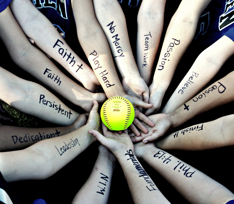 This is an image of campers arms with words of wisdom written on each, including Faith, Persistent, Leadership, Team Work, Win and more. College Camp Consulting helps coaches and campers how to manage camps and their experiences at them for both.